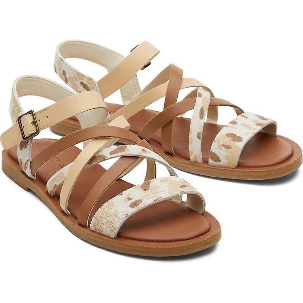 TOMS Women's SEPHINA Strappy Sandals with Animal Print - Cream/Tan - Size 8.5